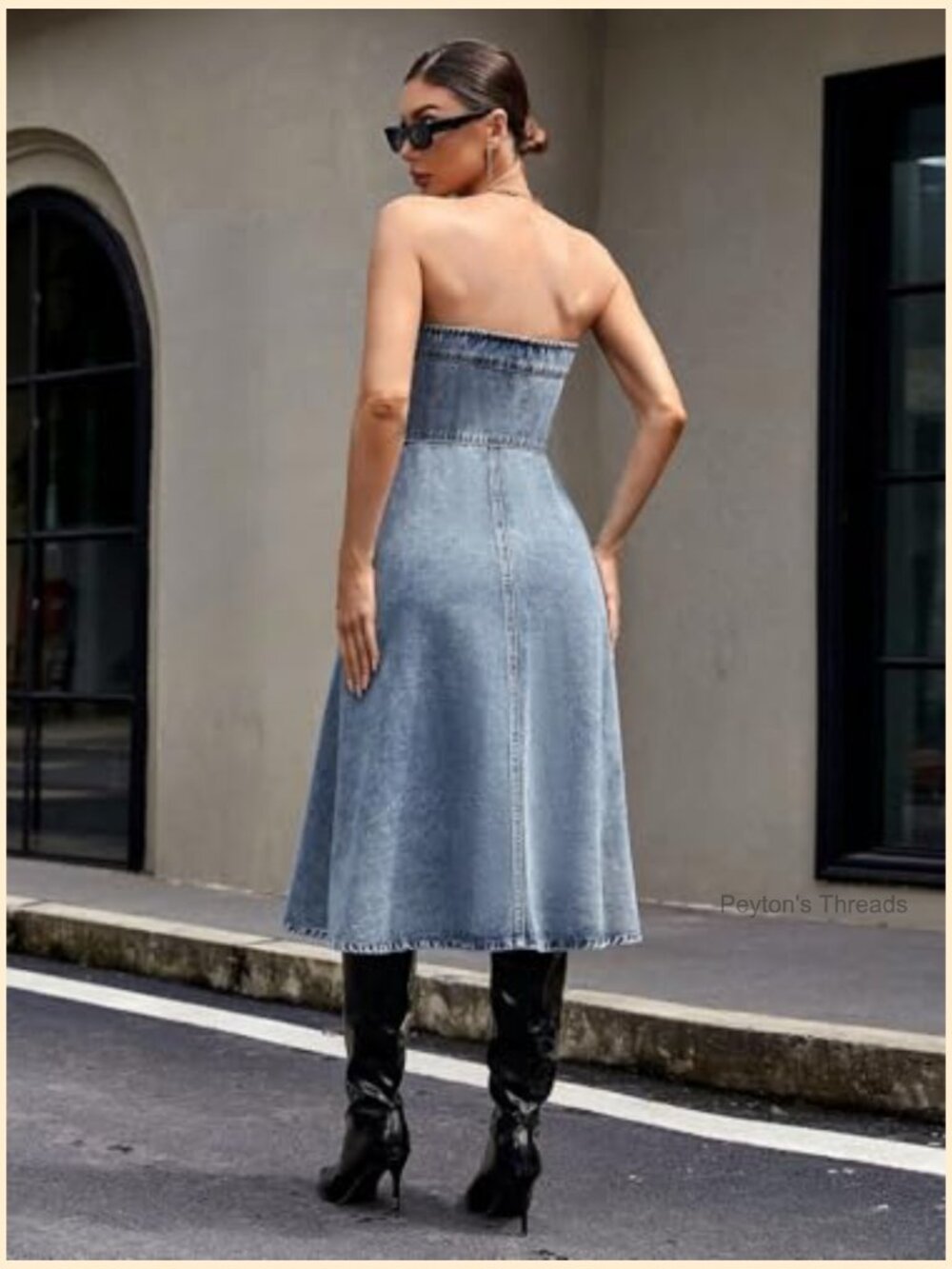 Sleeveless Strapless Denim Tube Dress Button Down A-Line Swing Midi Dress - Picture 6 of 6